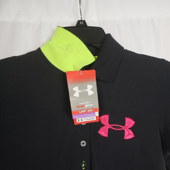 Under Armour Black Pink Green Polo Shirt Heatgear - Picture 6 of 8
